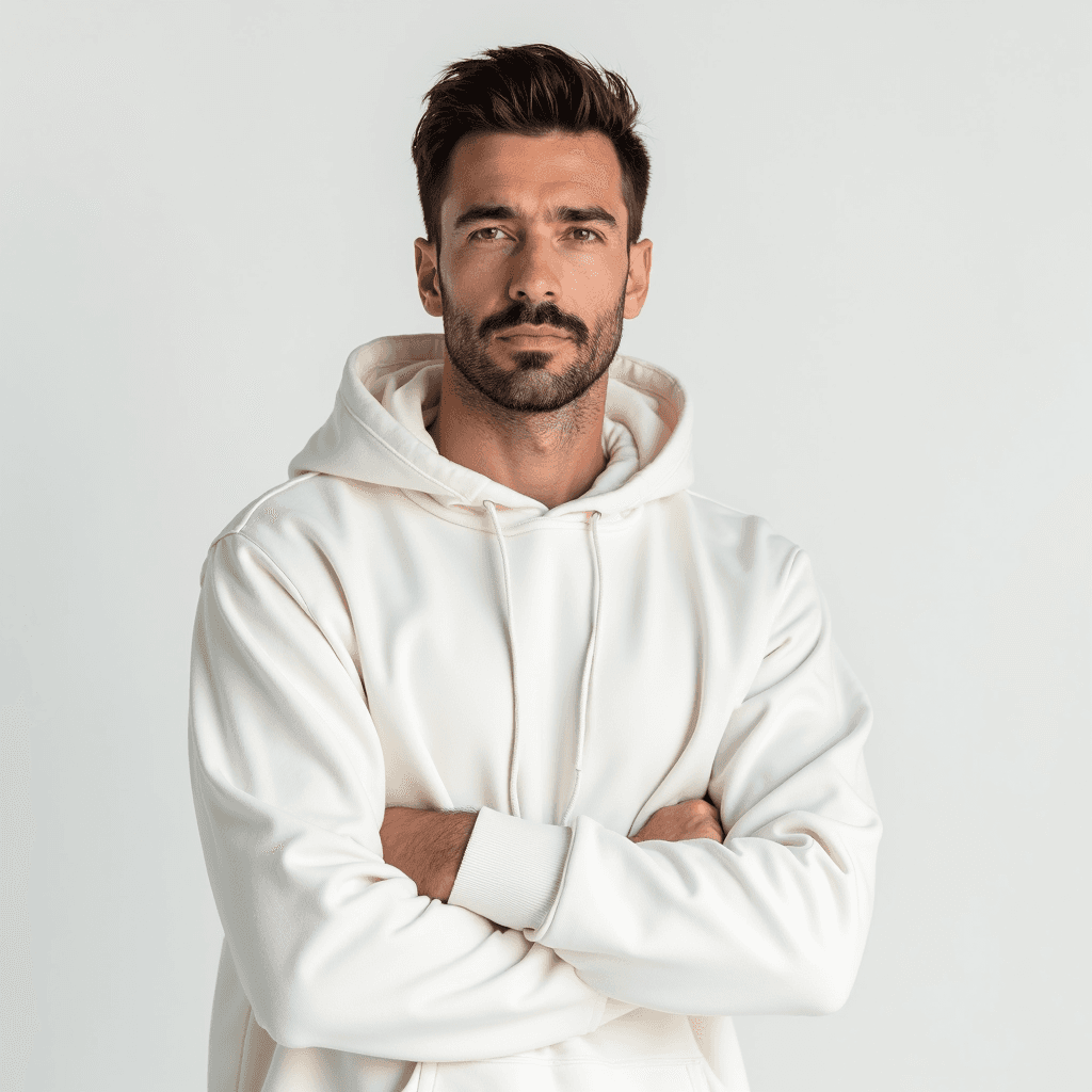 Male professional AI headshot wearing white hooded sweatshirt