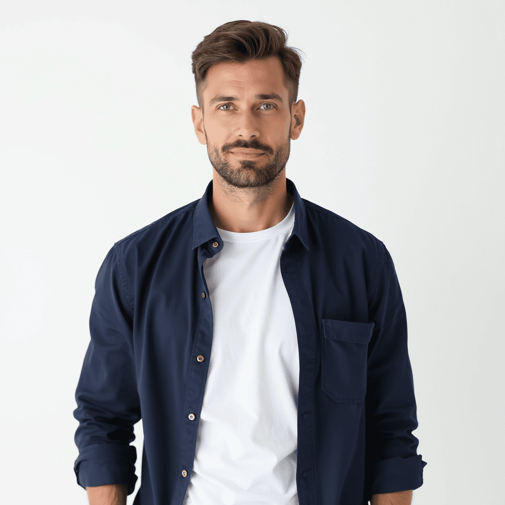 Male professional AI headshot wearing white t-shirt under open navy button-up