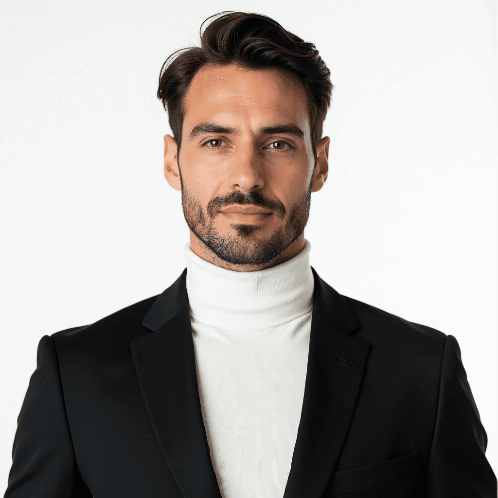 Male professional AI headshot wearing white turtleneck under black blazer