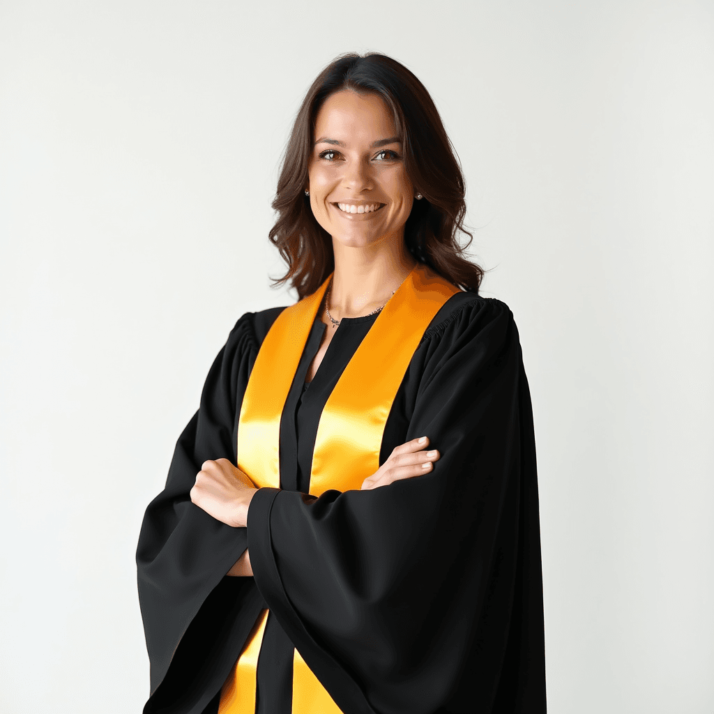 Female professional AI headshot wearing black graduation gown with gold stole