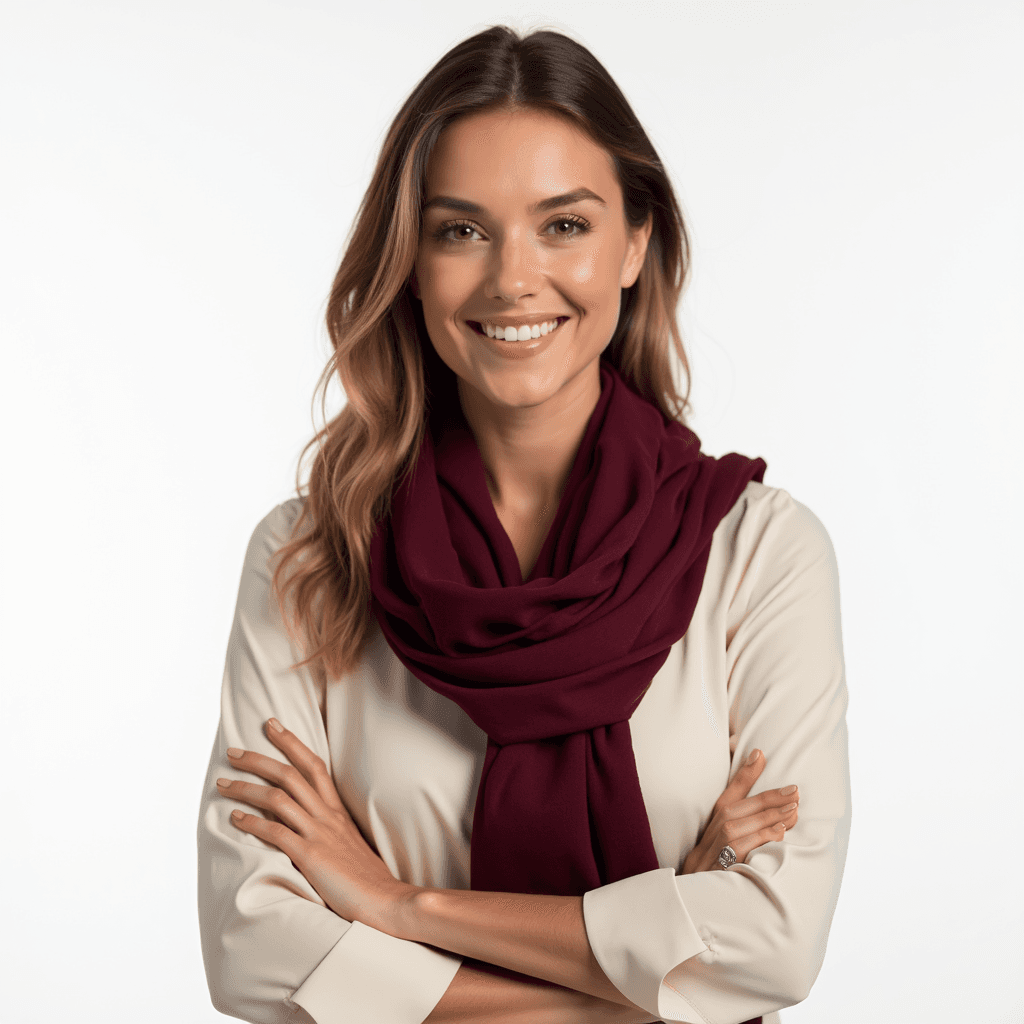 Female professional AI headshot wearing cream blouse with burgundy scarf