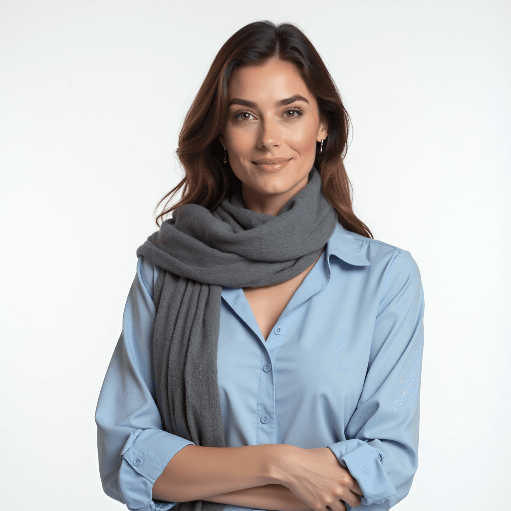 Female professional AI headshot wearing light blue blouse with gray scarf