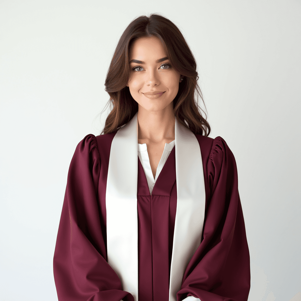 Female professional AI headshot wearing maroon graduation gown with white stole