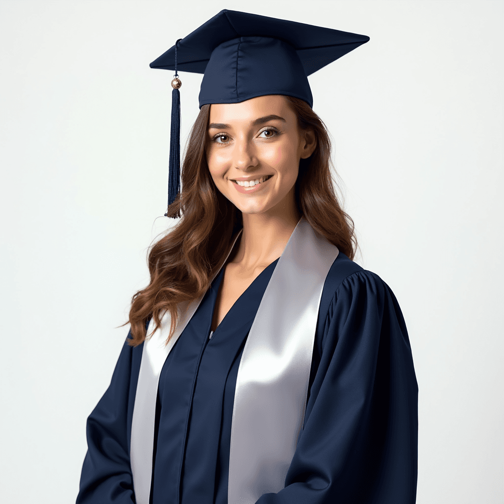 Female professional AI headshot wearing navy graduation gown with silver stole