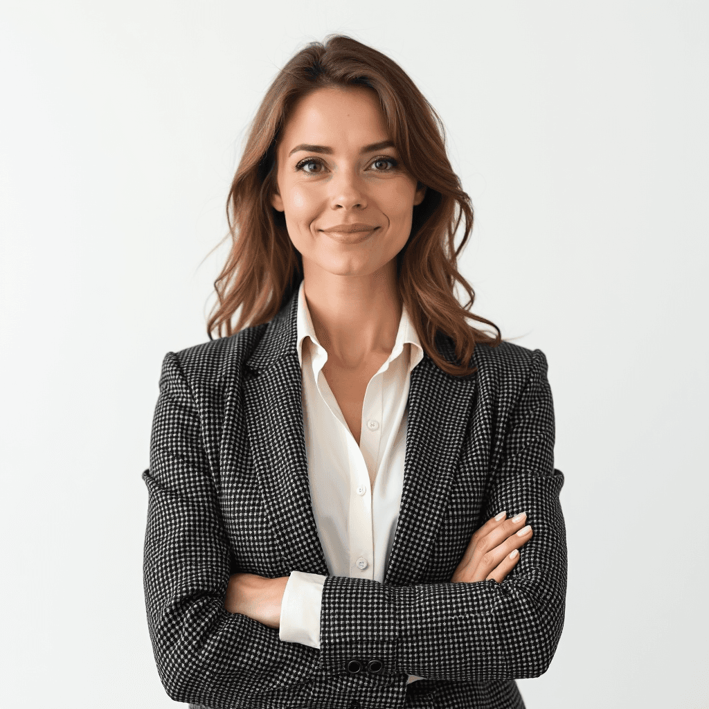Female professional AI headshot wearing tweed jacket over collared blouse