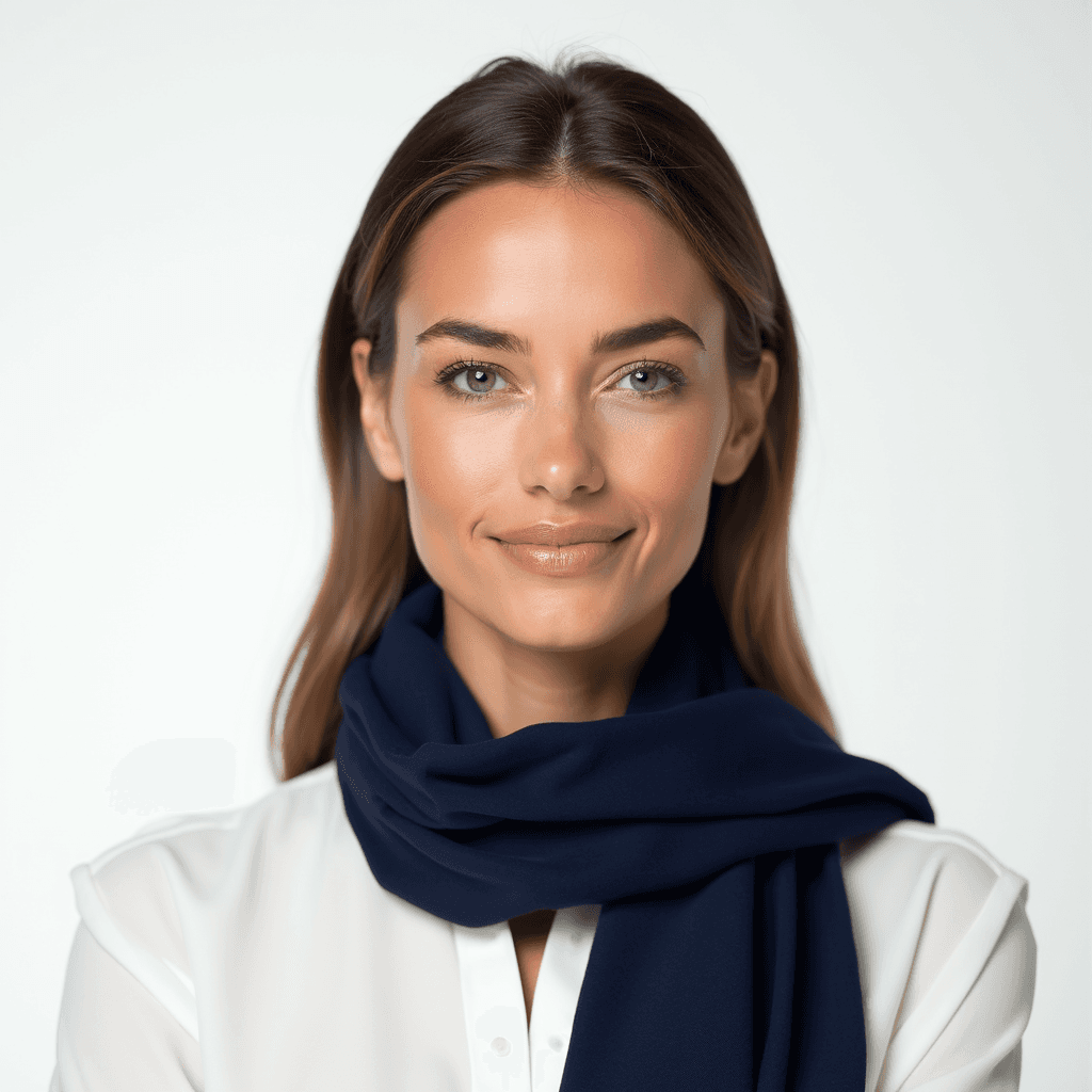 Female professional AI headshot wearing white blouse with navy scarf