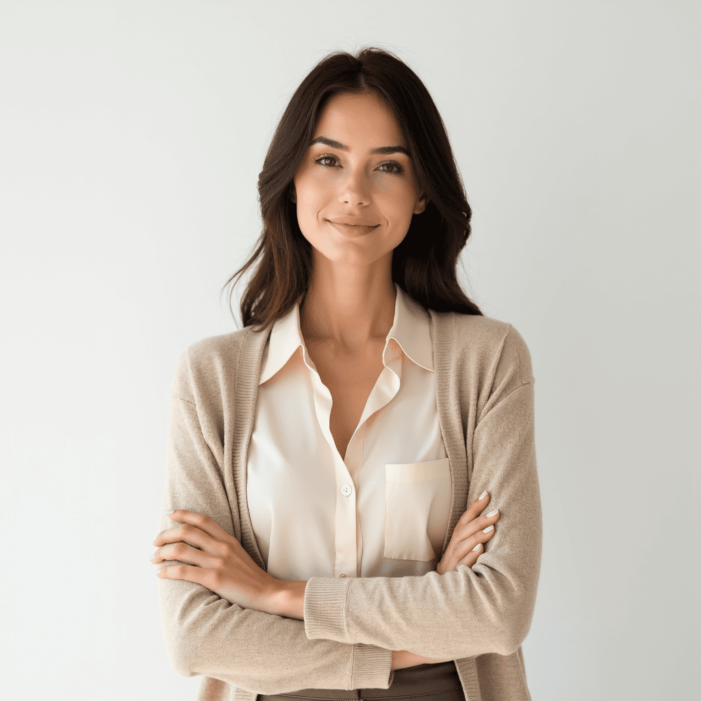 Female professional AI headshot wearing beige lightweight cardigan over blouse