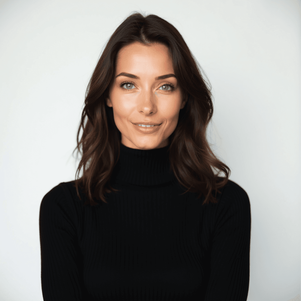 Female professional AI headshot wearing black turtleneck sweater