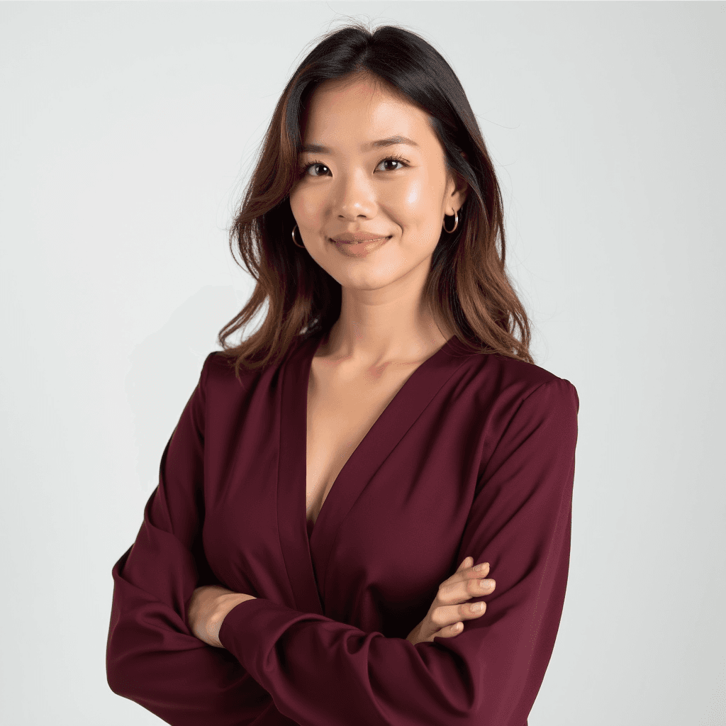 Female professional AI headshot wearing burgundy wrap blouse