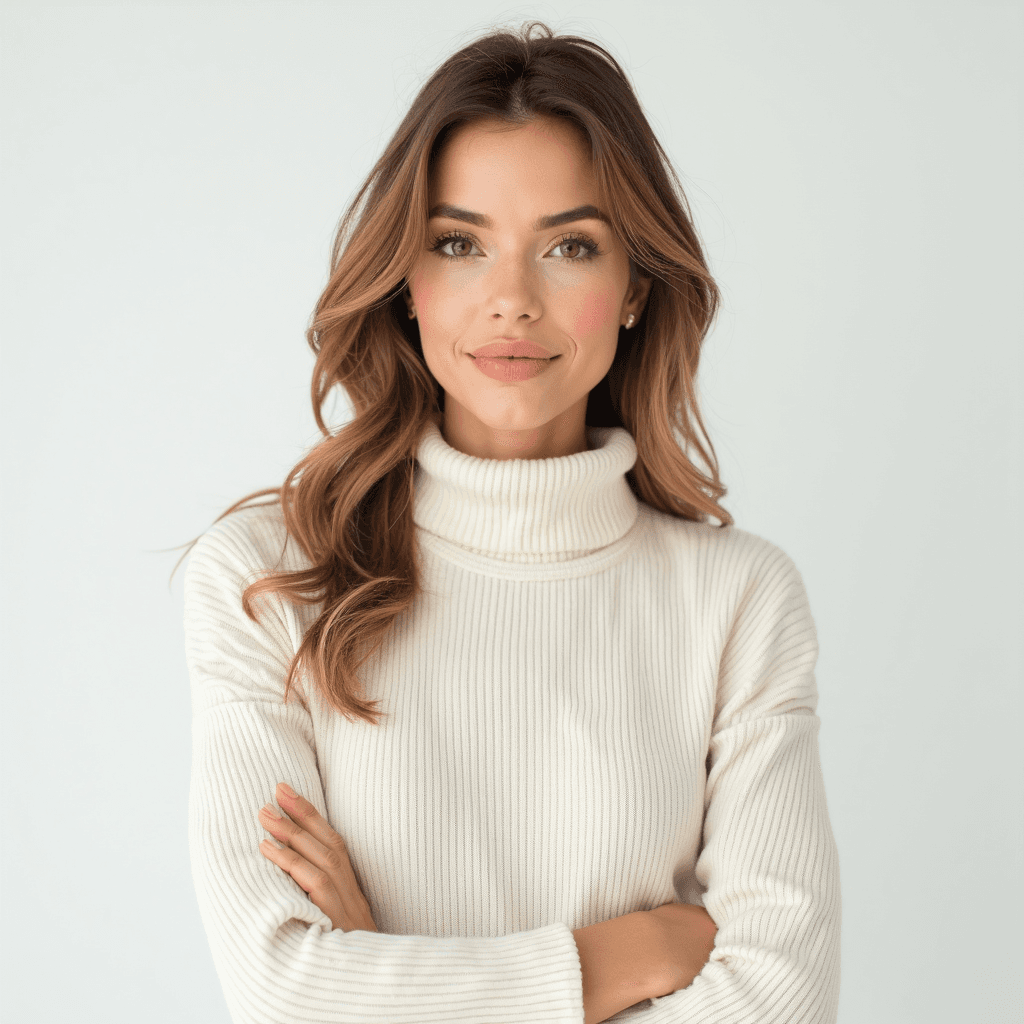 Female professional AI headshot wearing cream ribbed turtleneck sweater