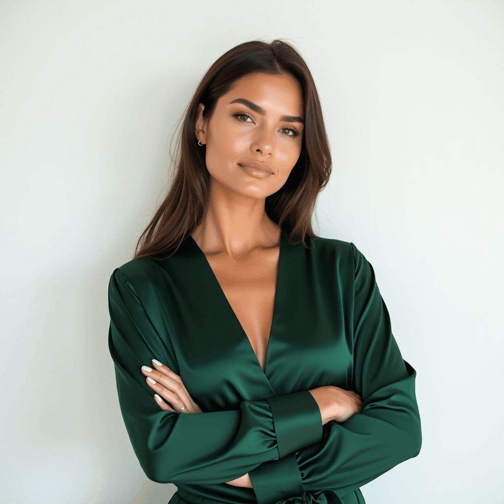 Female professional AI headshot wearing forest green wrap blouse