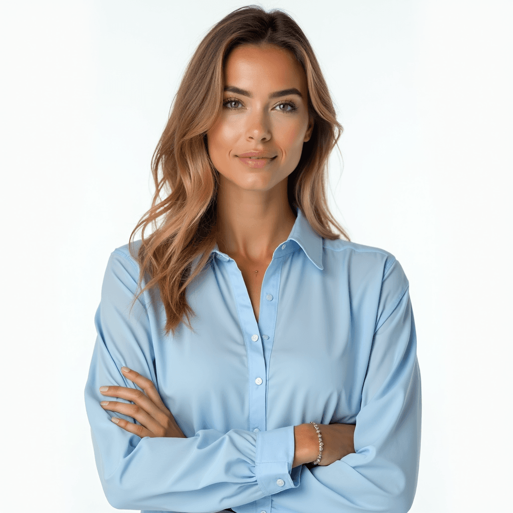 Female professional AI headshot wearing light blue button-up blouse