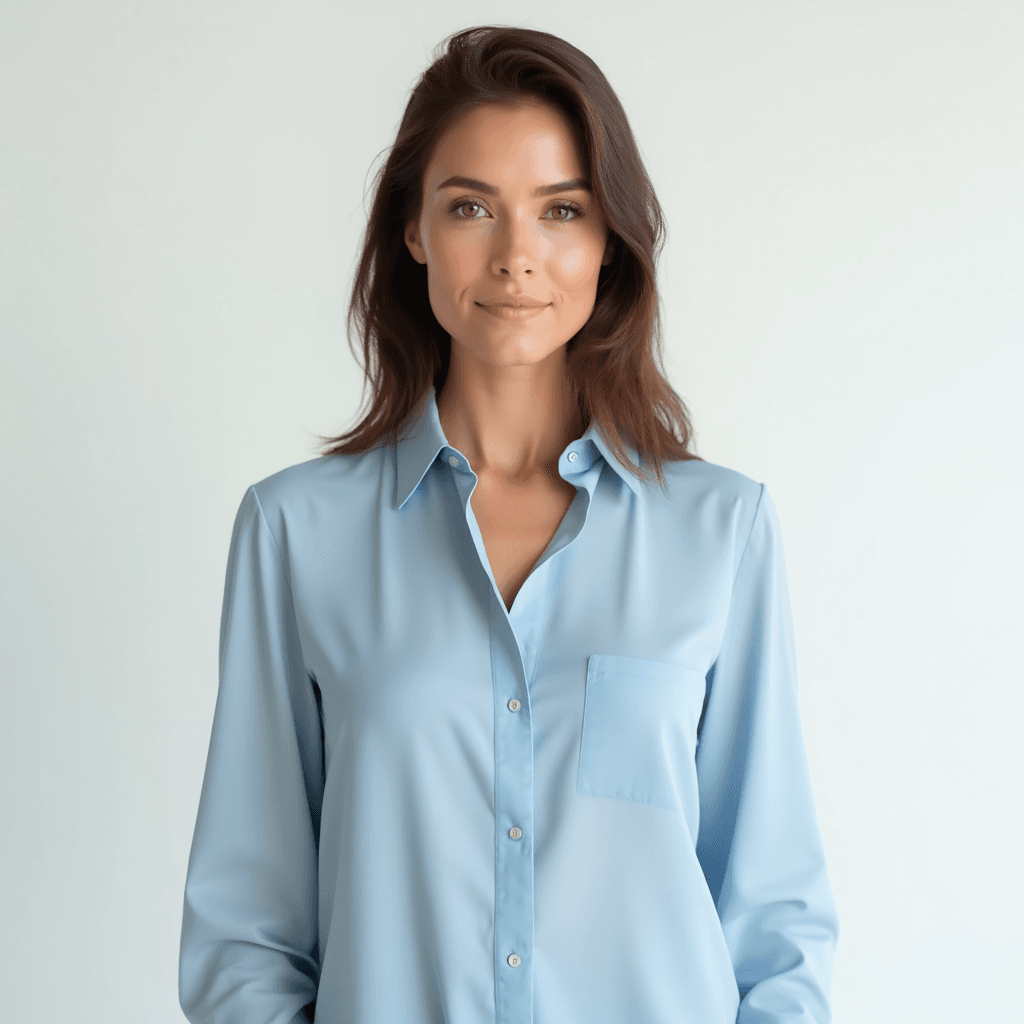 Female professional AI headshot wearing light blue popover blouse