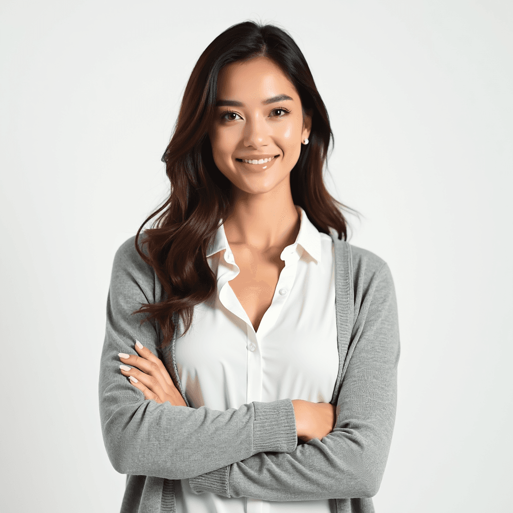 Female professional AI headshot wearing light gray cardigan over white blouse