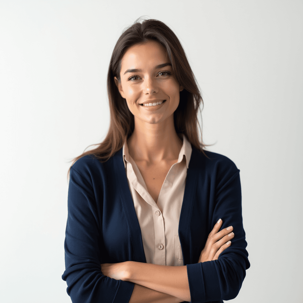 Female professional AI headshot wearing navy cardigan over cream blouse