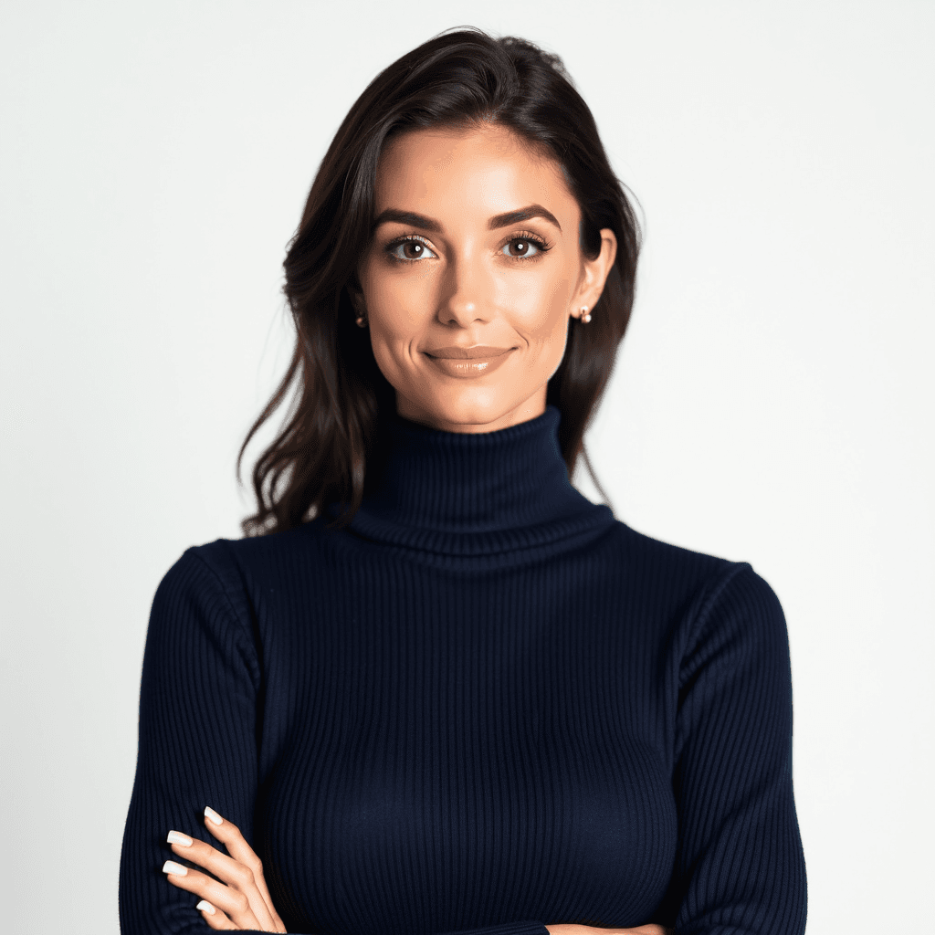 Female professional AI headshot wearing navy ribbed turtleneck sweater