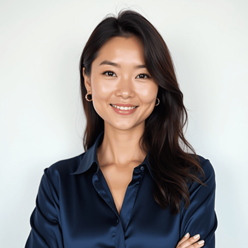Female professional AI headshot wearing navy satin blouse