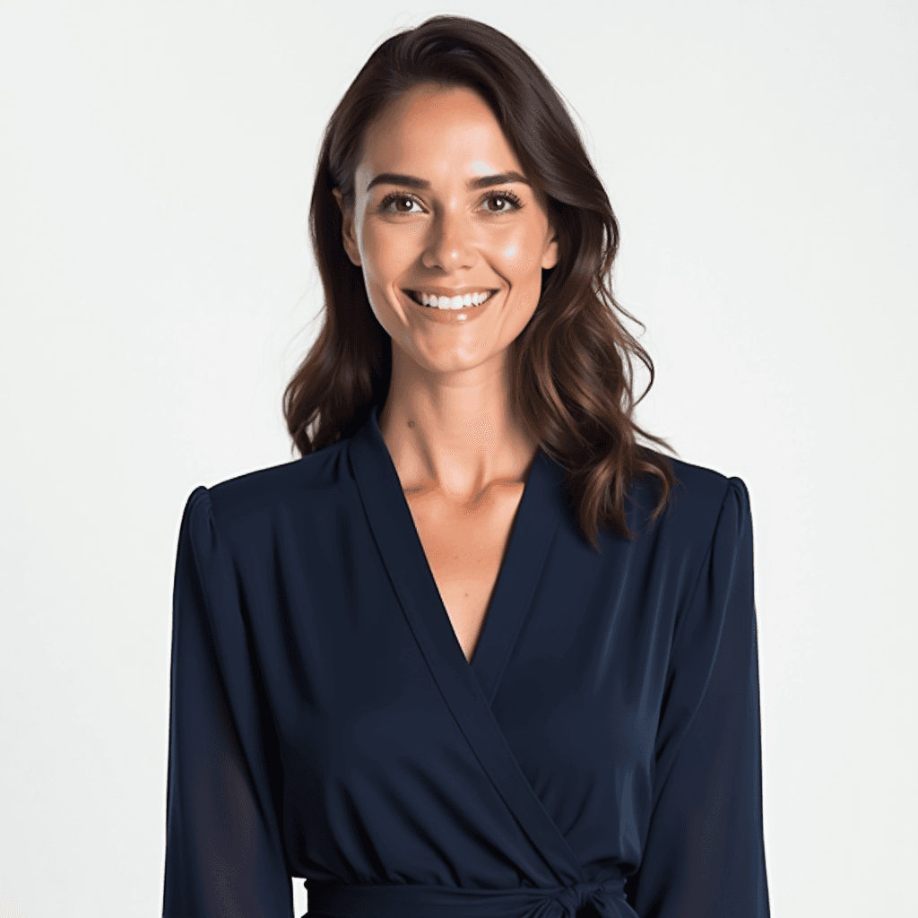 Female professional AI headshot wearing navy wrap blouse