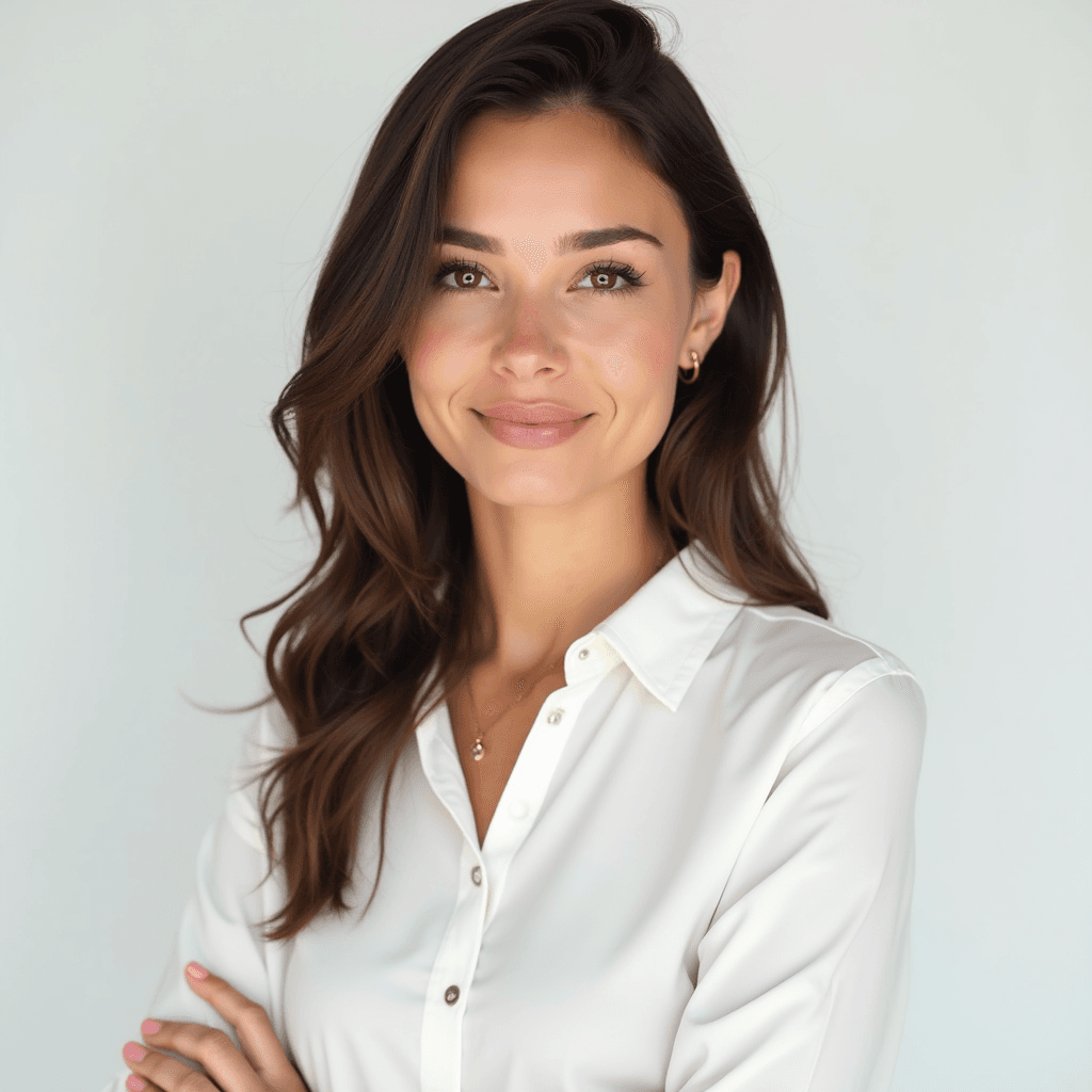 Female professional AI headshot wearing white button-up blouse