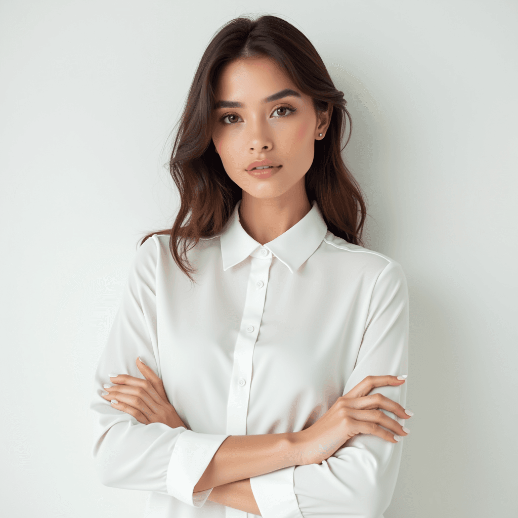 Female professional AI headshot wearing white collared popover blouse