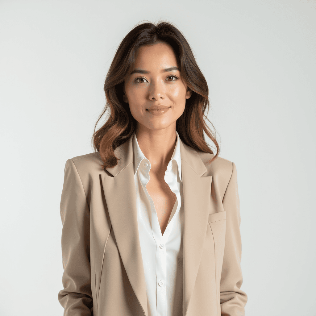 Female professional AI headshot wearing beige blazer over white silk blouse