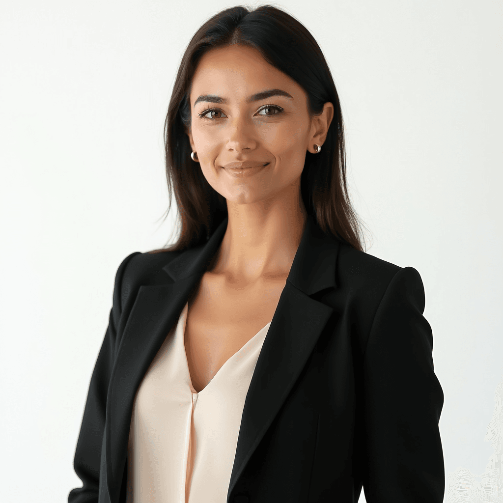 Female professional AI headshot wearing black suit jacket with ivory blouse