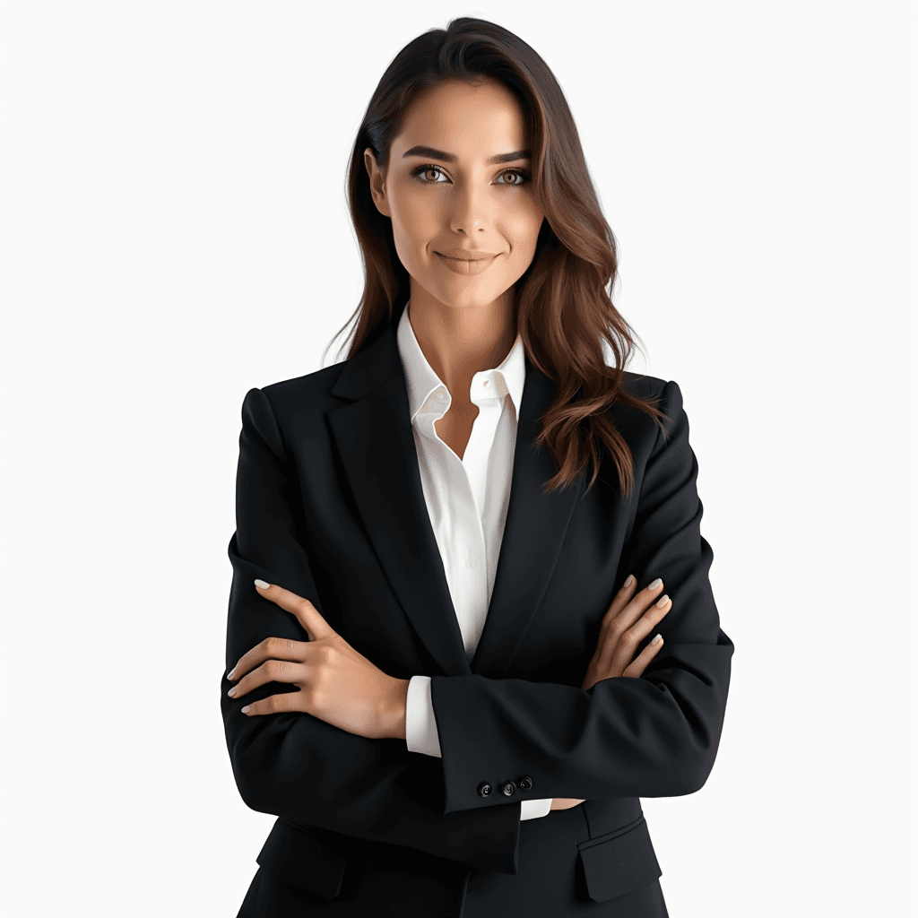 Female professional AI headshot wearing black tailored blazer over white blouse