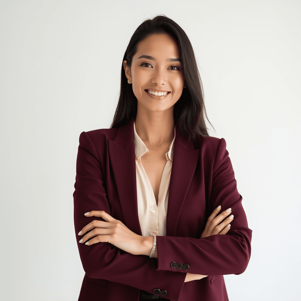 Female professional AI headshot wearing burgundy blazer over cream blouse