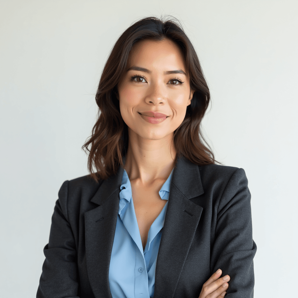 Female professional AI headshot wearing charcoal blazer over light blue blouse