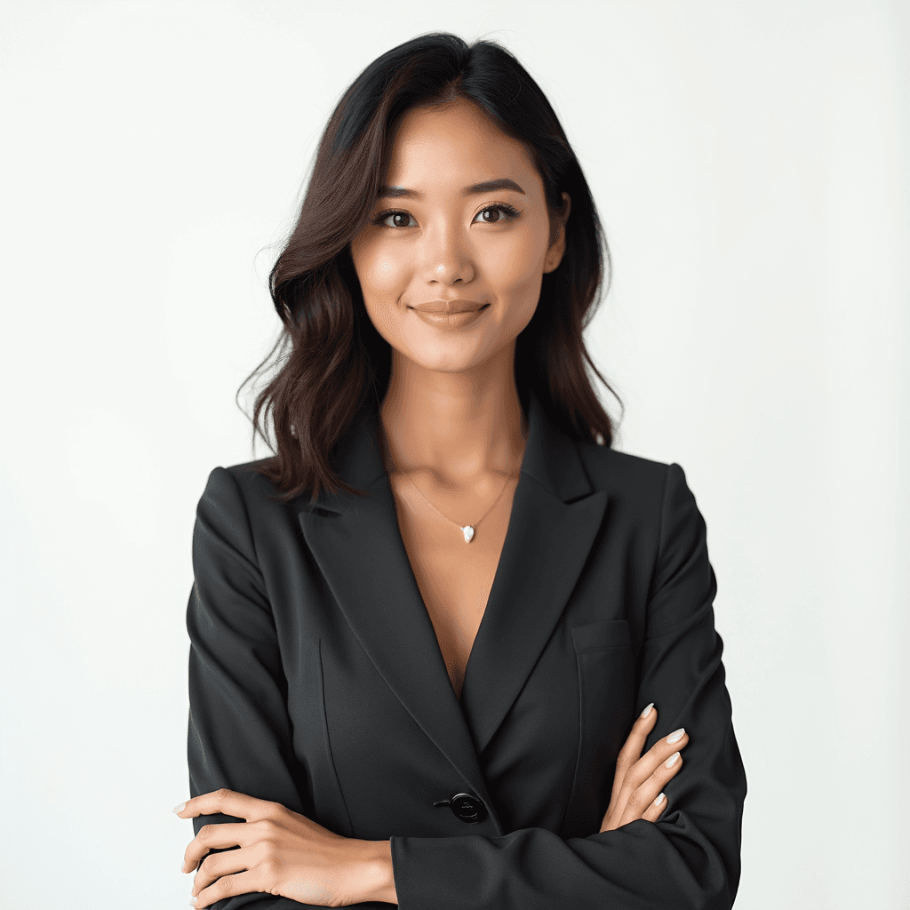 Female professional AI headshot wearing charcoal tailored dress