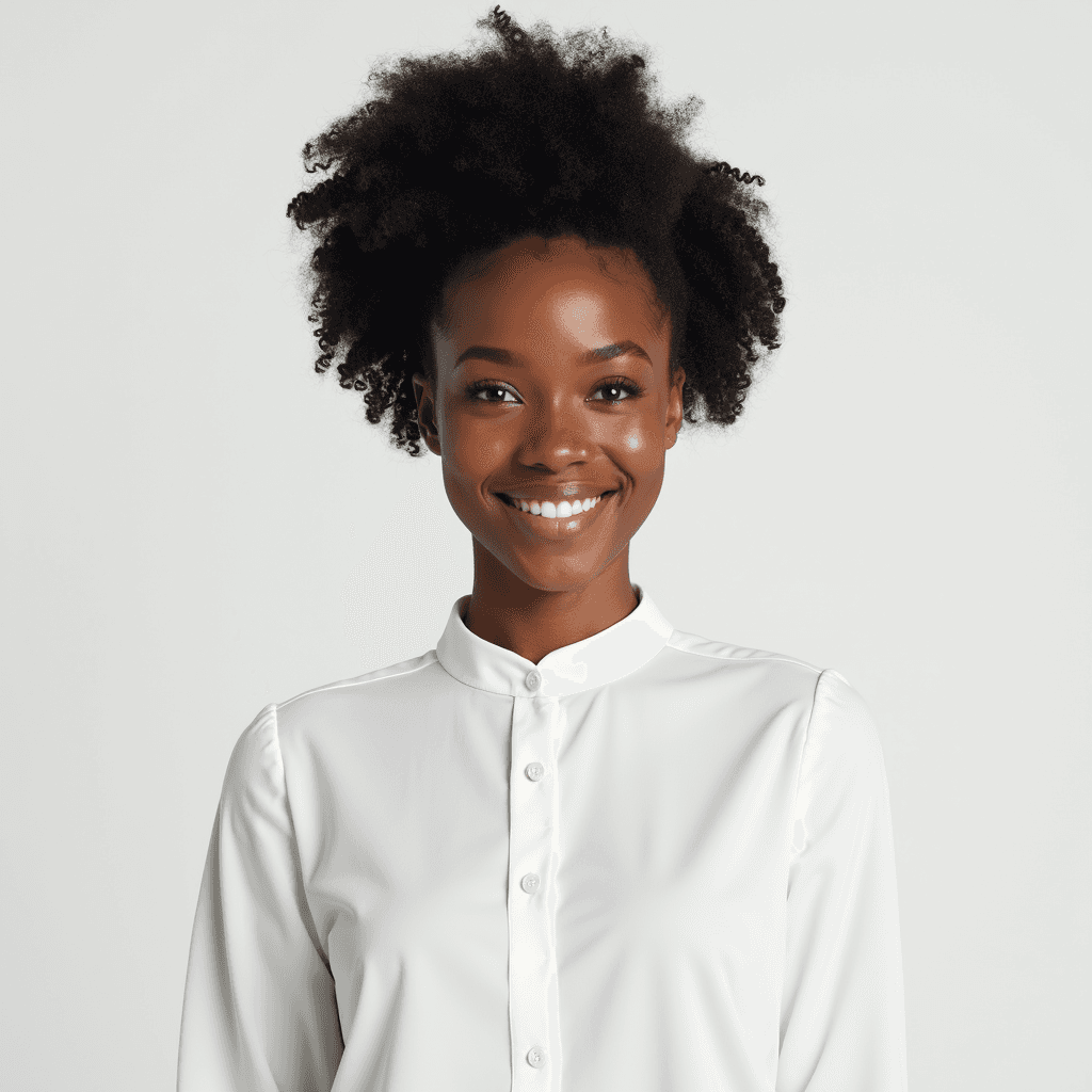 Female professional AI headshot wearing classic white high-neck button-up blouse