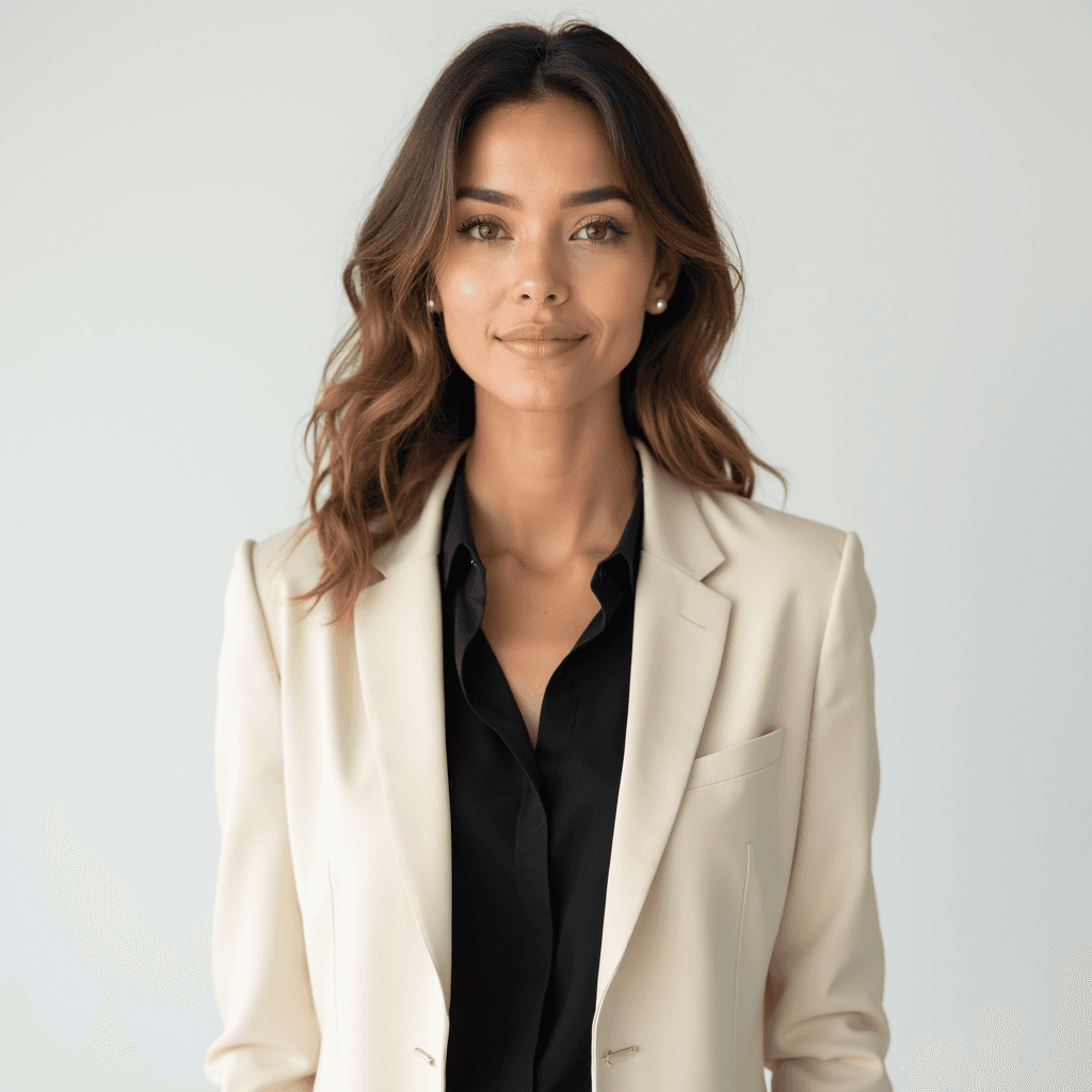 Female professional AI headshot wearing cream blazer over black blouse