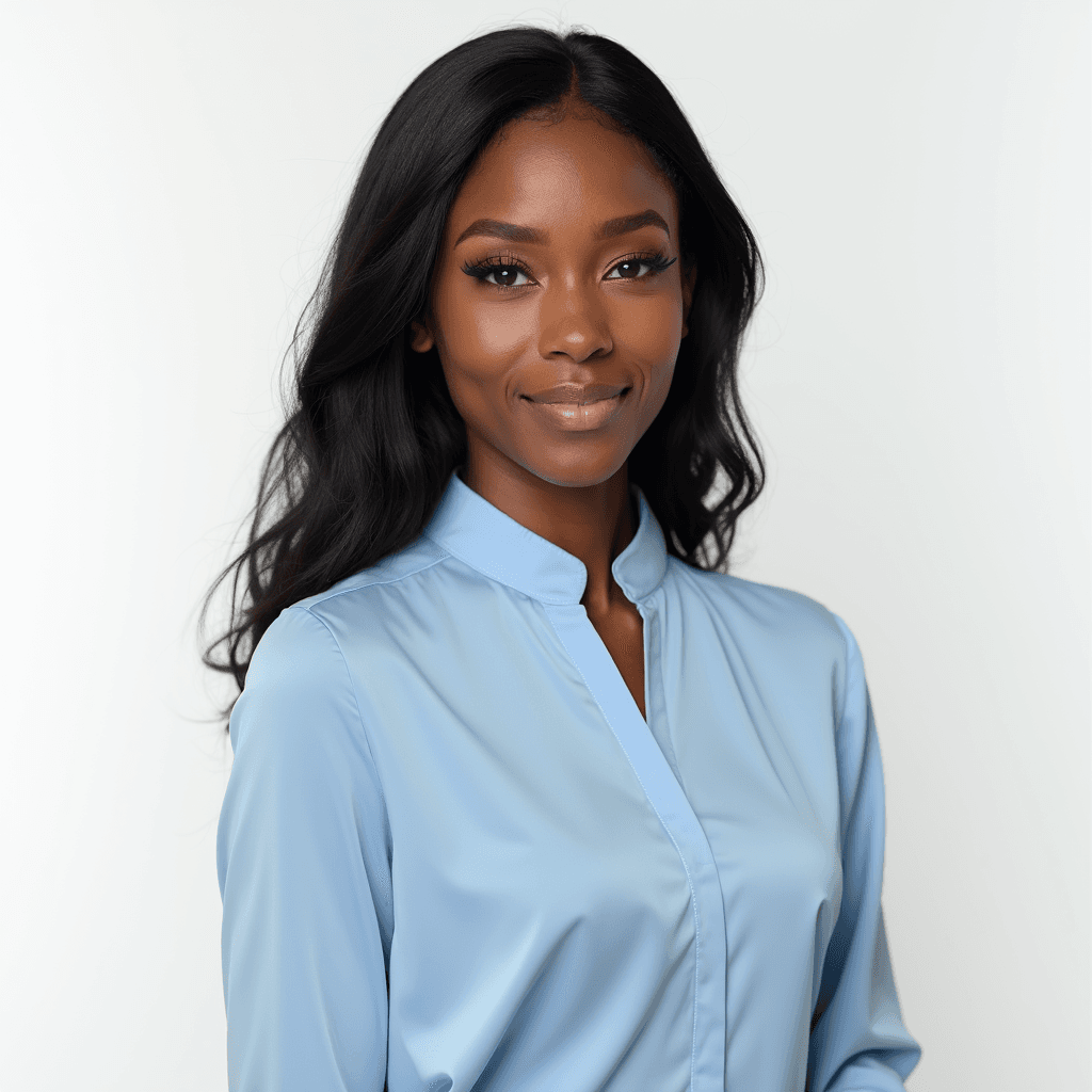 Female professional AI headshot wearing light blue high-neck professional blouse