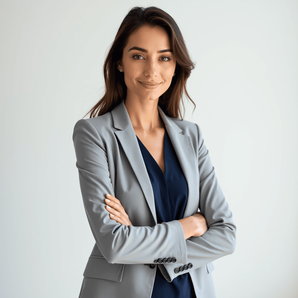 Female professional AI headshot wearing light gray blazer with navy blouse