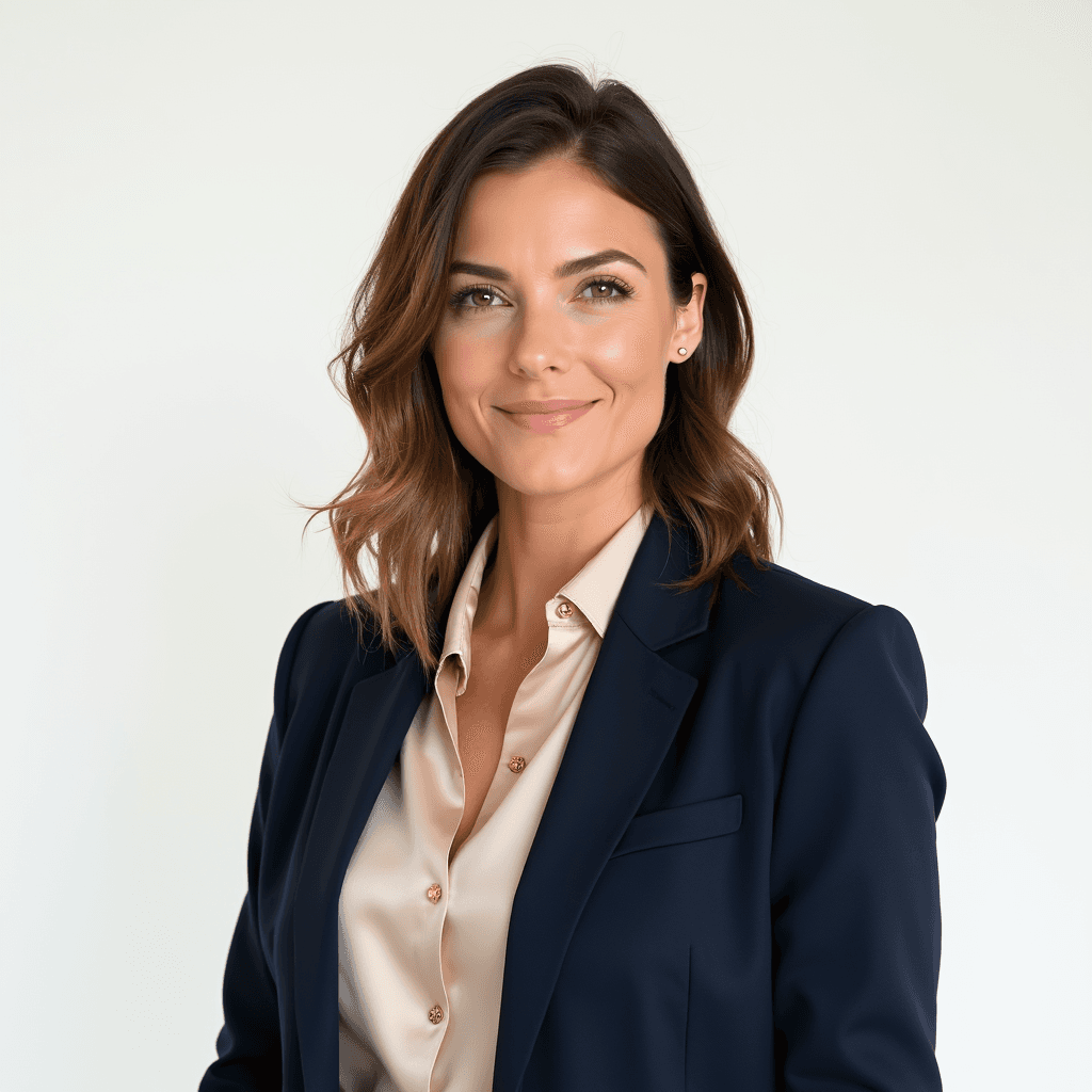 Female professional AI headshot wearing navy blazer with cream silk blouse