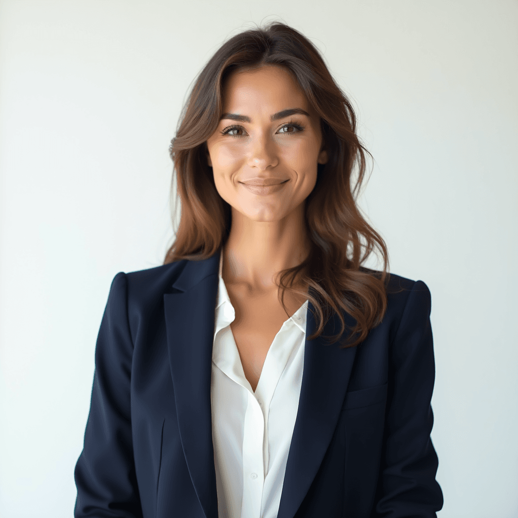 Female professional AI headshot wearing navy suit jacket over white blouse