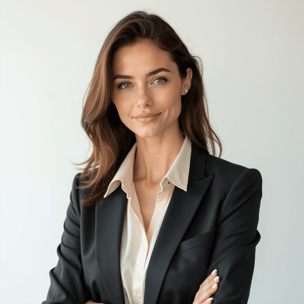 Female professional AI headshot wearing silk ivory blouse under charcoal blazer