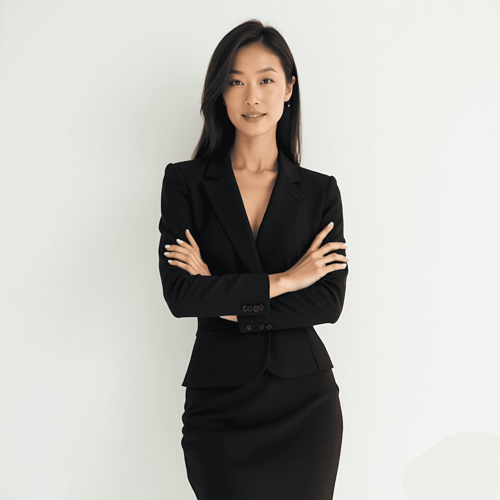 Female professional AI headshot wearing tailored black sheath dress