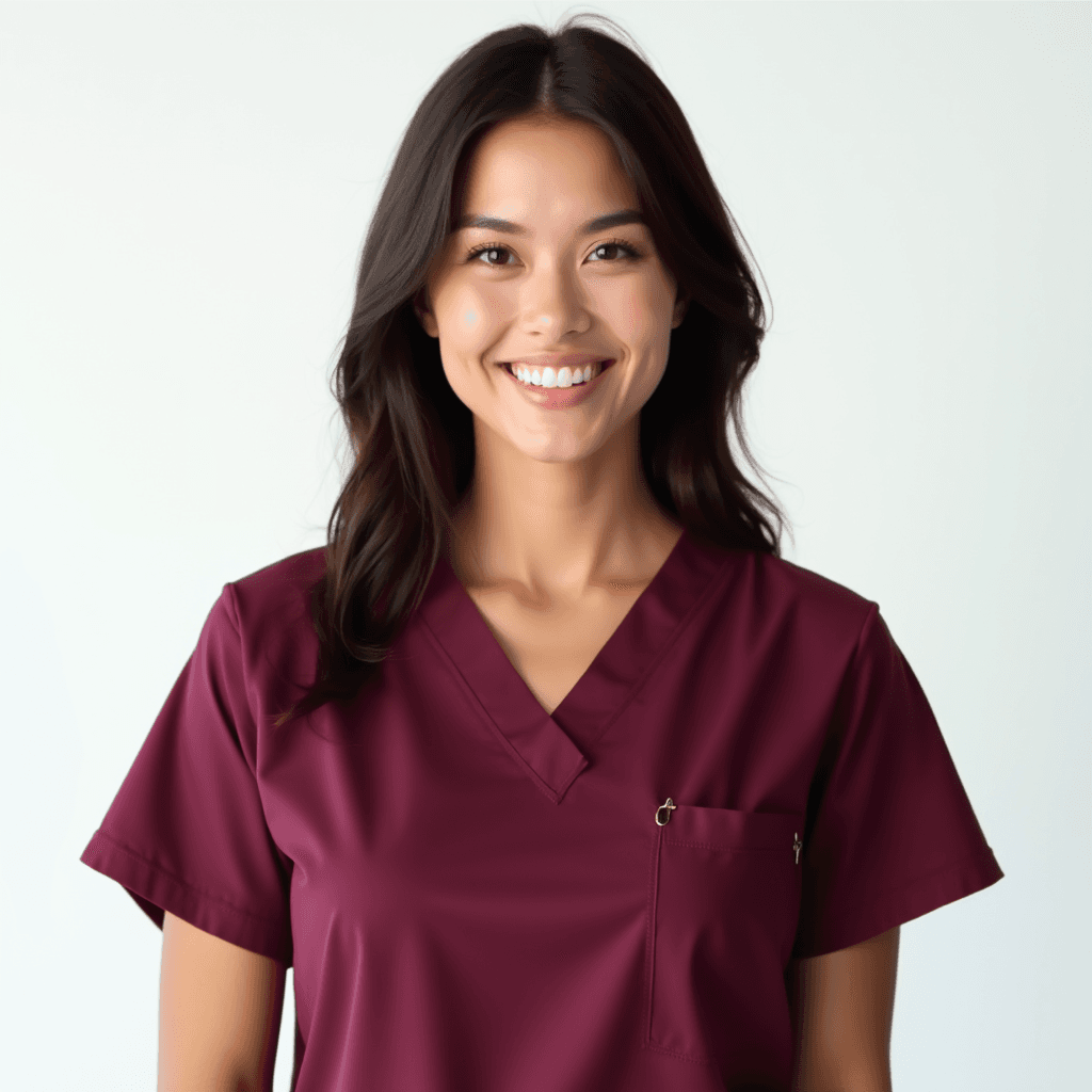 Female professional AI headshot wearing burgundy scrub top