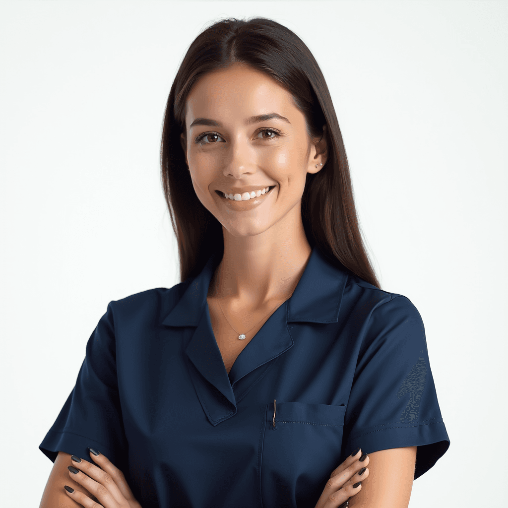 Female professional AI headshot wearing navy medical tunic with collar
