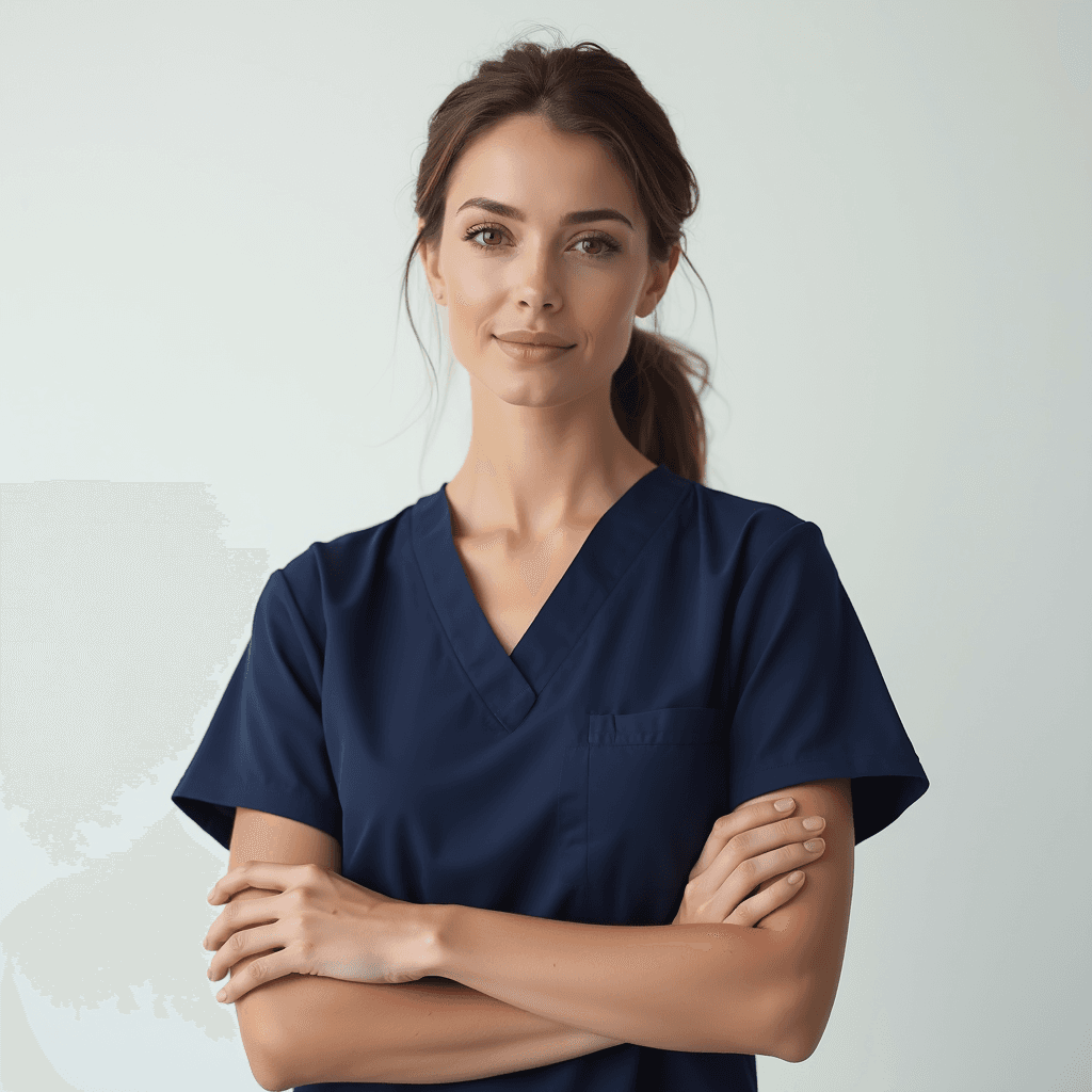 Female professional AI headshot wearing navy scrub top