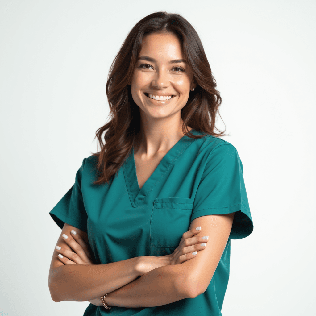 Female professional AI headshot wearing teal scrub top