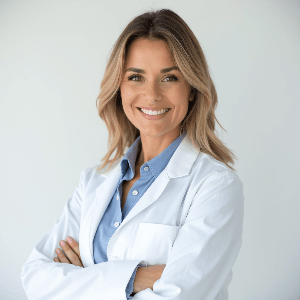 Female professional AI headshot wearing white coat over light blue blouse