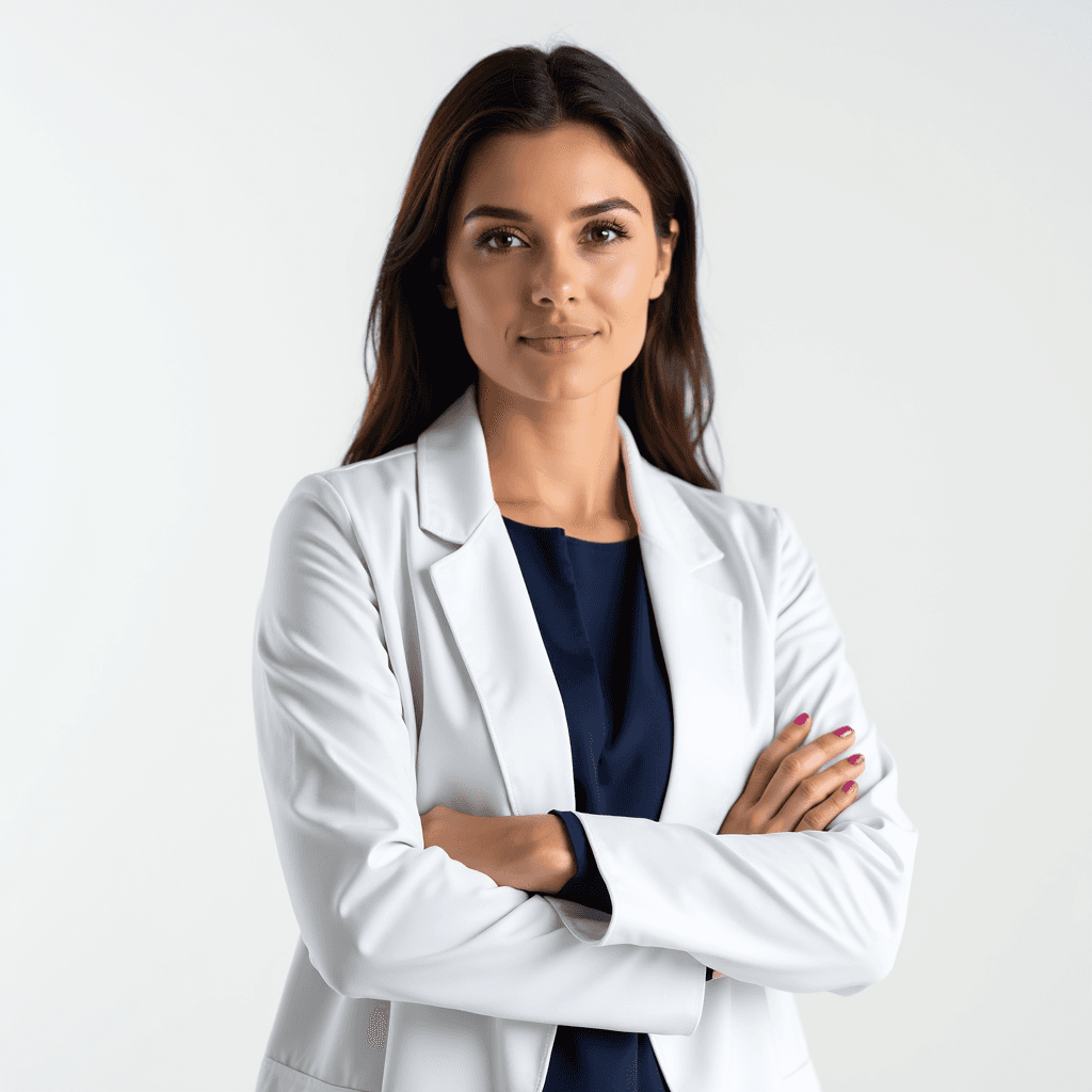 Medical professional headshot of a female doctor wearing a white coat for ERAS residency applications