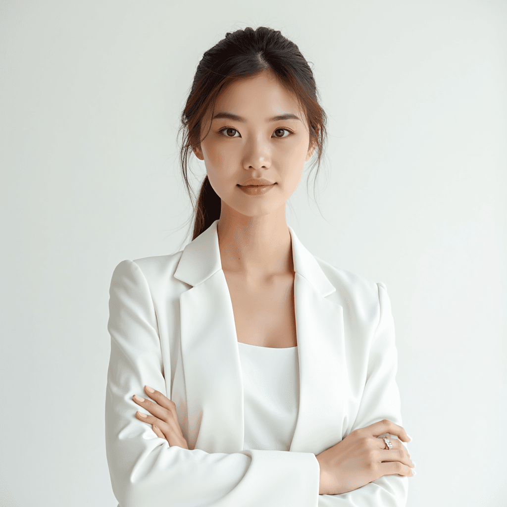Female professional AI headshot wearing white coat over white blouse