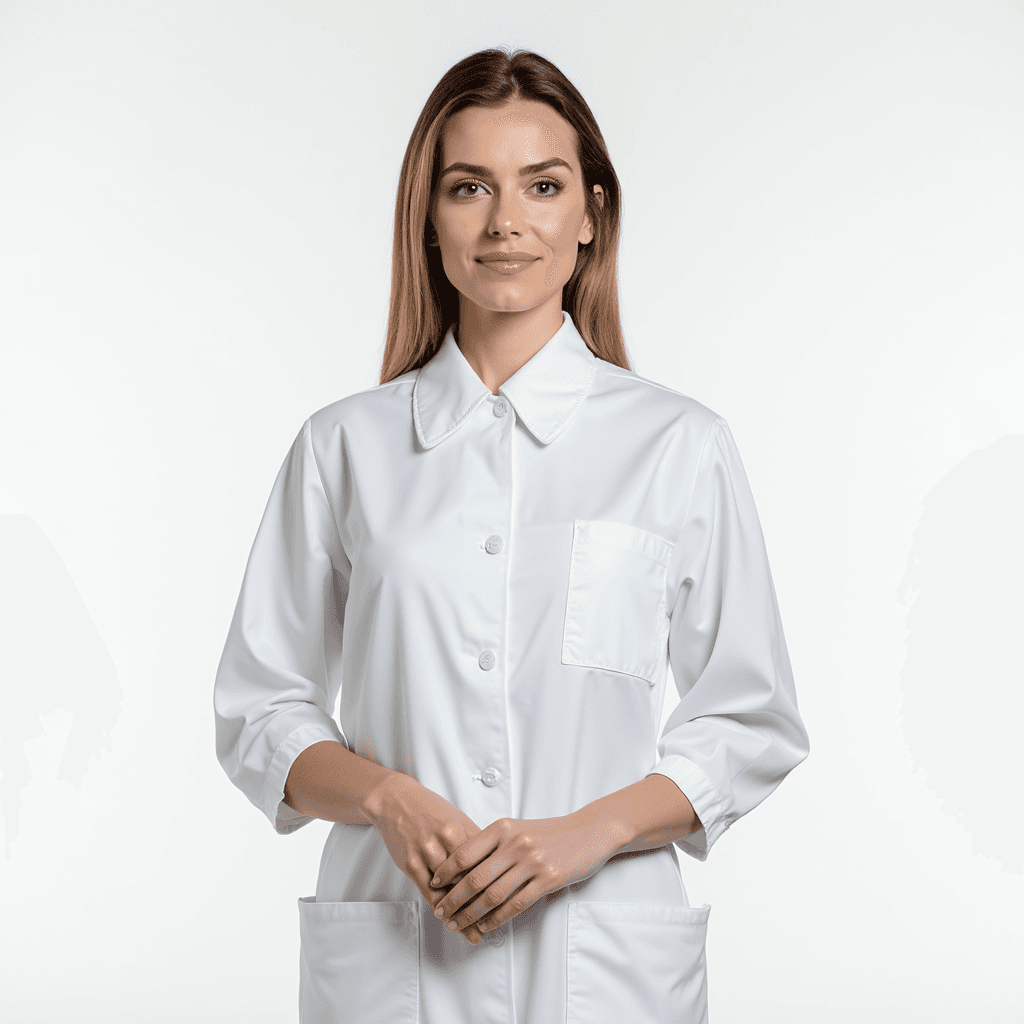 Female professional AI headshot wearing white medical tunic with high collar