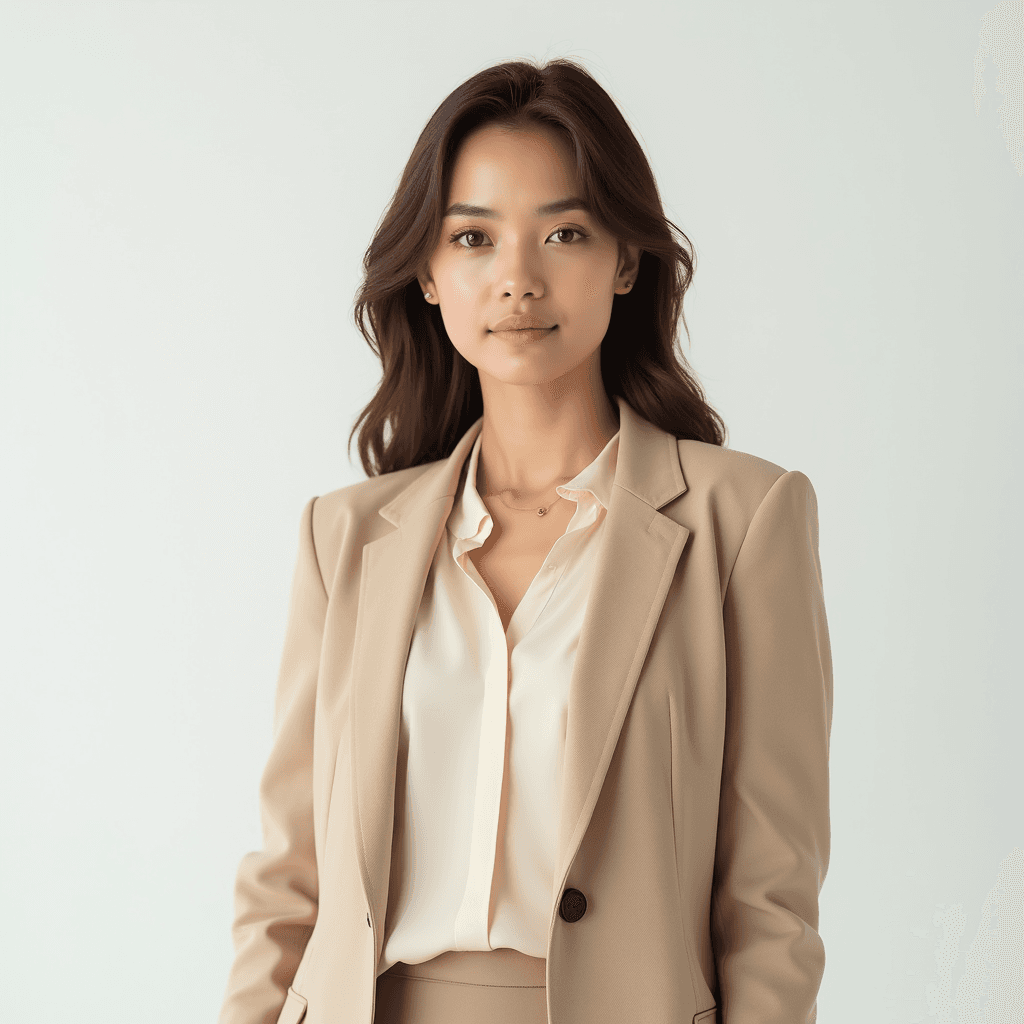 Female professional AI headshot wearing beige blazer over cream blouse