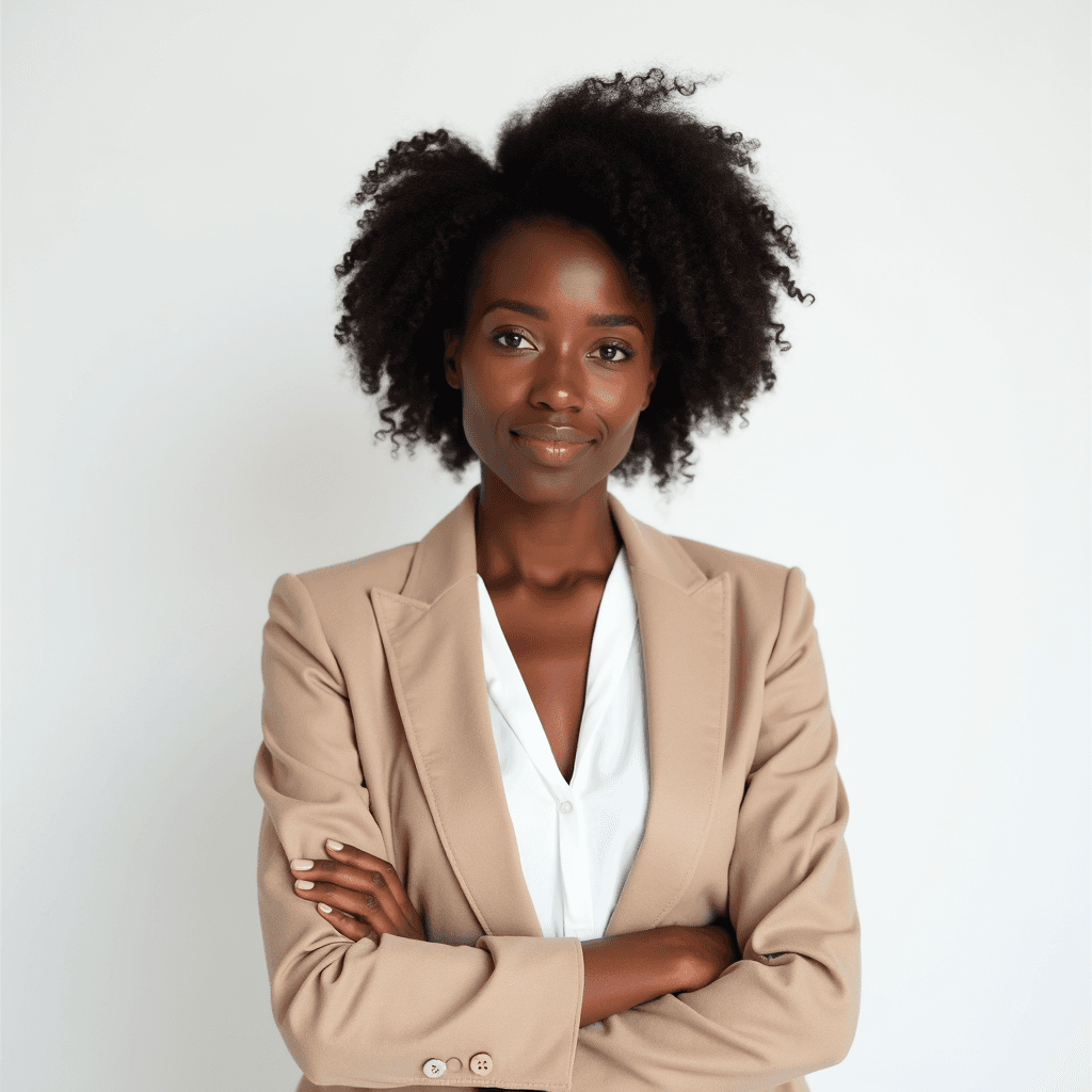 Female professional AI headshot wearing beige textured boxy blazer over white blouse