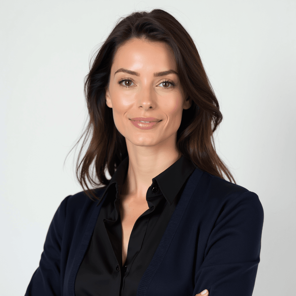 Female professional AI headshot wearing black blouse under navy cardigan