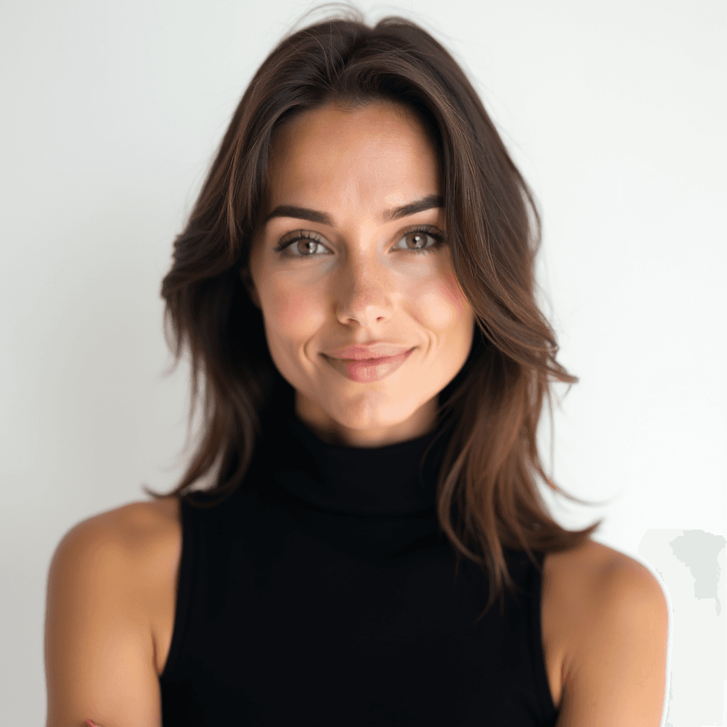 Female professional AI headshot wearing black sleeveless turtleneck